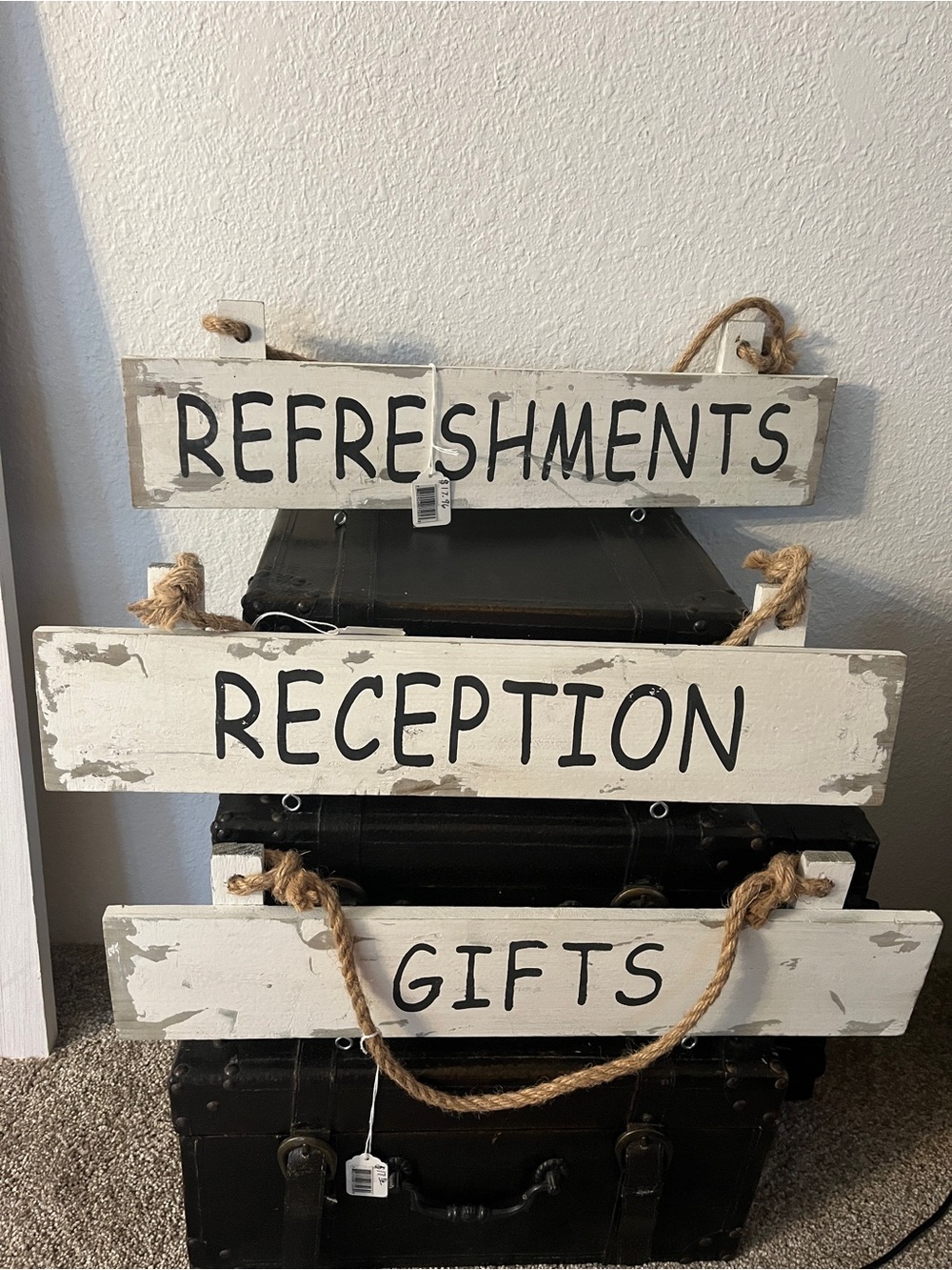 Rustic White 'Refreshments Reception Gifts' Hanging Sign Set